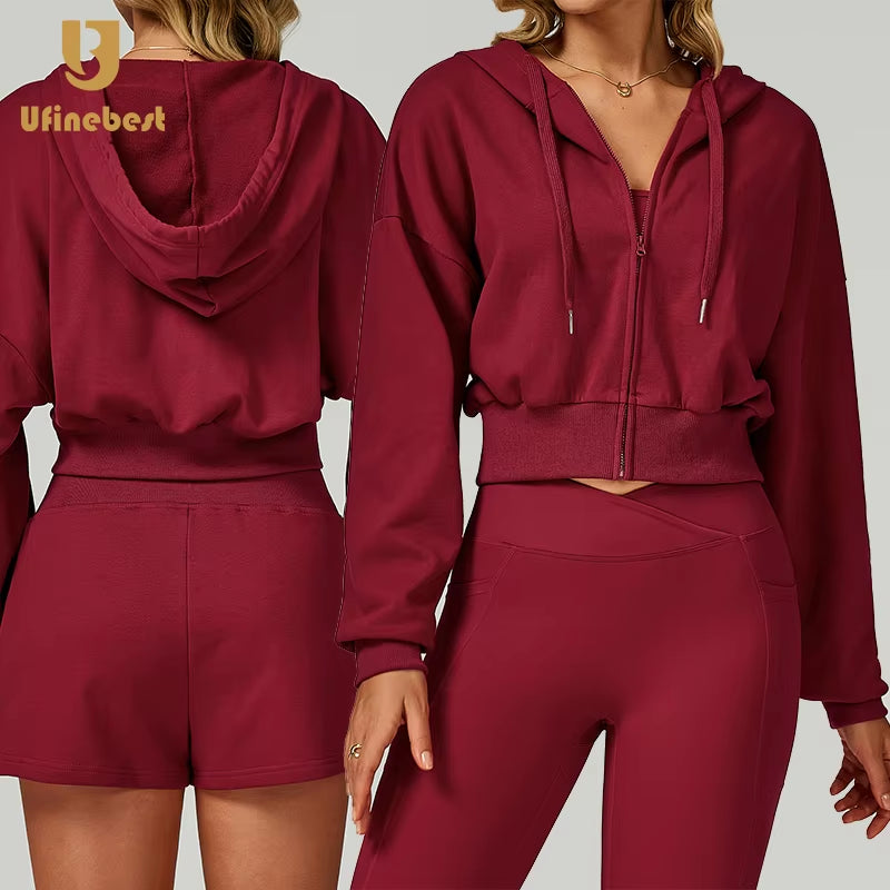 Women'S Loose Casual Crop Hoodies Full Zipper Breathable Sports Jacket Hood Autumn Long Sleeve Sweatshirts Custom Logo Knitted