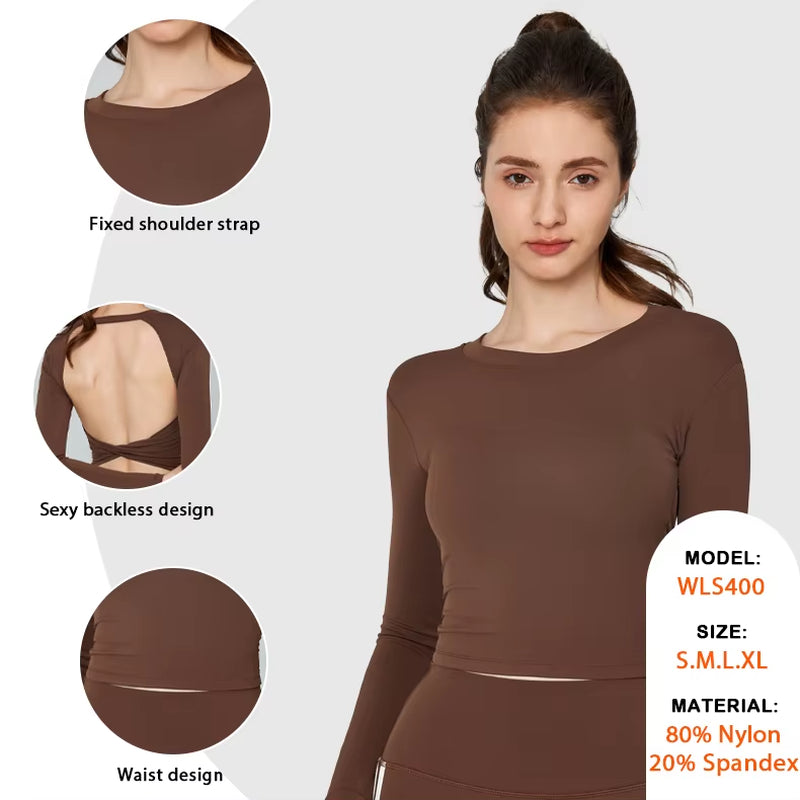 Women High Quality Training Clothing Compression Tights Fitness Backless Shirts Tops Woman round Neck Yoga Long Sleeve T Shirts