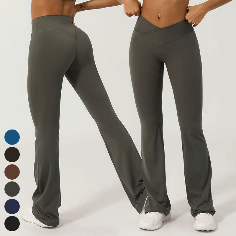 High Waist Gym Pants with Cross V Waistband No Front Seam Wide Leg Fitness Trousers Butt Lifting Yoga Leggings Solid Pattern