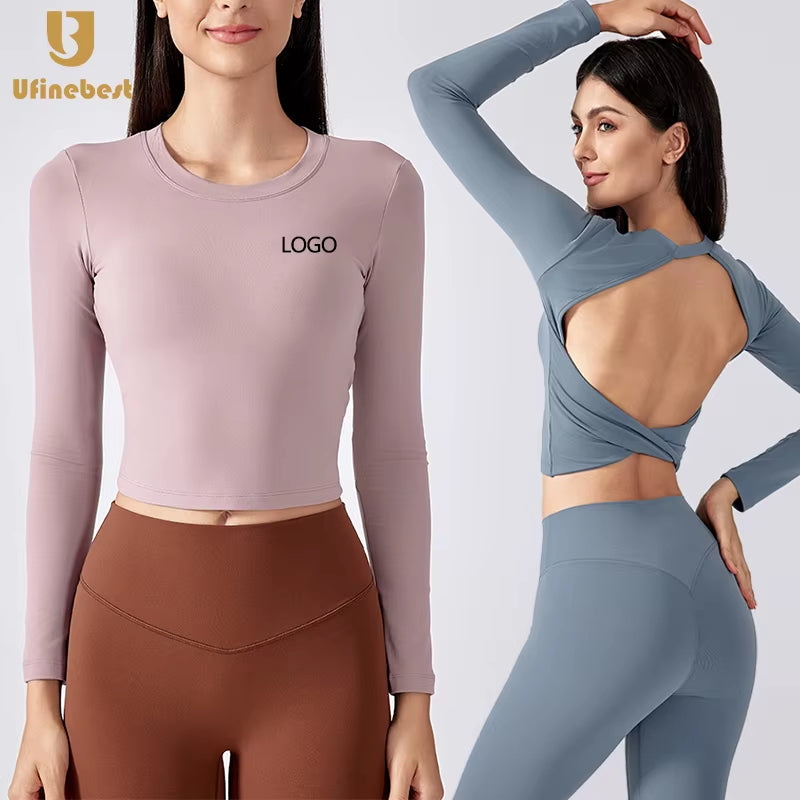 Women'S Breathable Regular Sport Bra Top Long Sleeves Running Short Backless Fitness T-Shirt with Seamless Chest Pads