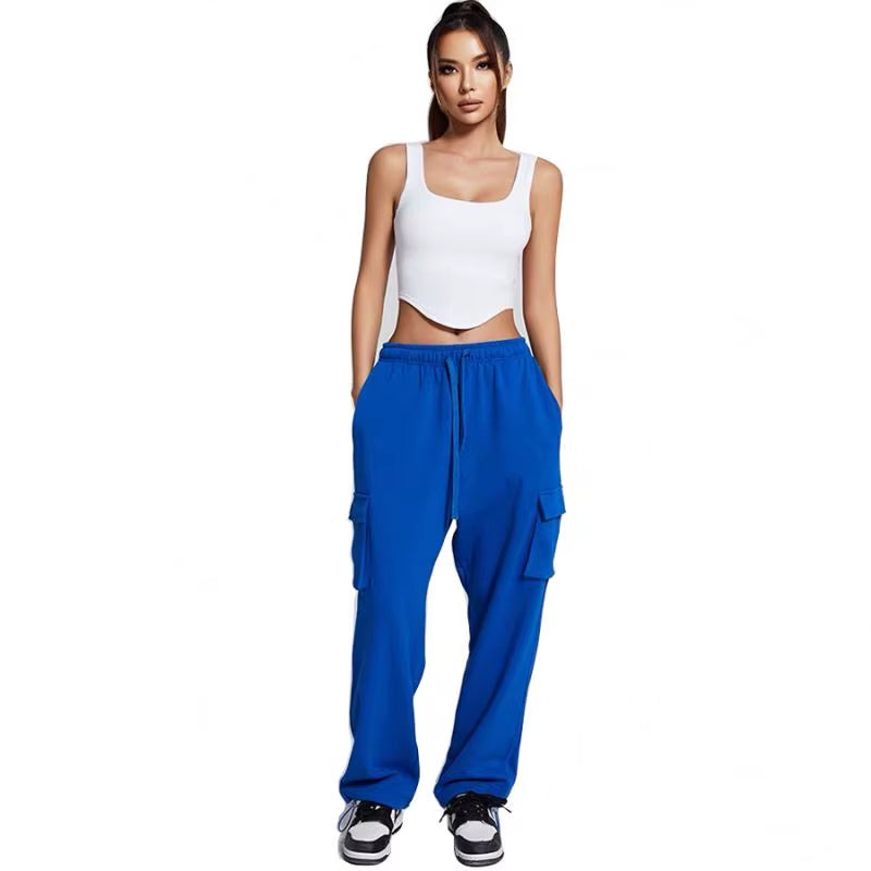 Women'S Cotton Drawstring Cargo Pants Girls' Comfortable Fitness Running Workout Dance Street Casual Wear Mid Harem Baggy Loose