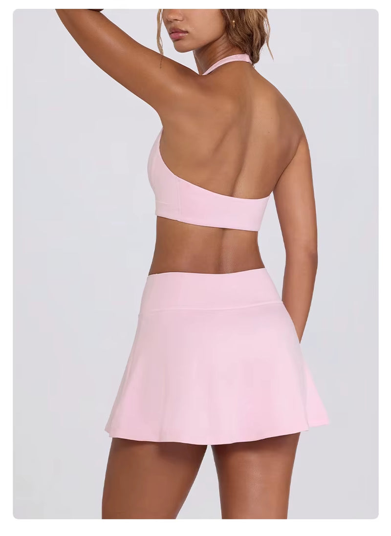 Women'S Halter V Neck Bra Tennis Skirt Custom Logo 2-Piece Solid Breathable Yoga Golf Tennis Sport Wear Front Fitness Outfits