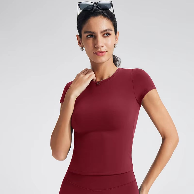 Naked Crewneck Shoulder Nine Quarter Sleeve Slim-Fit Casual Fitness Sports Top Yoga Clothes Breathable for Women