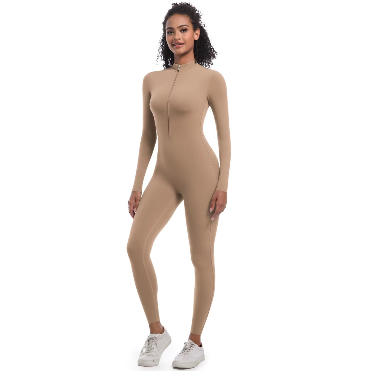 New High Elastic Long Yoga Jumpsuit Half Zipper Solid Color Fitness Bodysuit