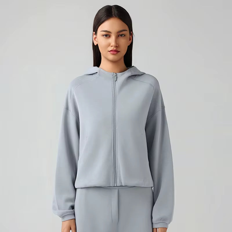 Yoga Women'S Full Zip Long Sleeve Casual Hoodie Fitness Tops Loose Sweater Hooded Sweatshirt Jacket Breathable Running Jacket