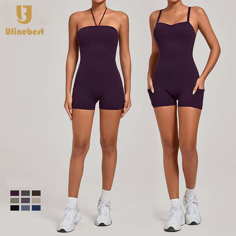 Women'S Yoga Fitness Sports Jumpsuit Strap Length Seamless Side Pocket Stitching Running Jumpsuits