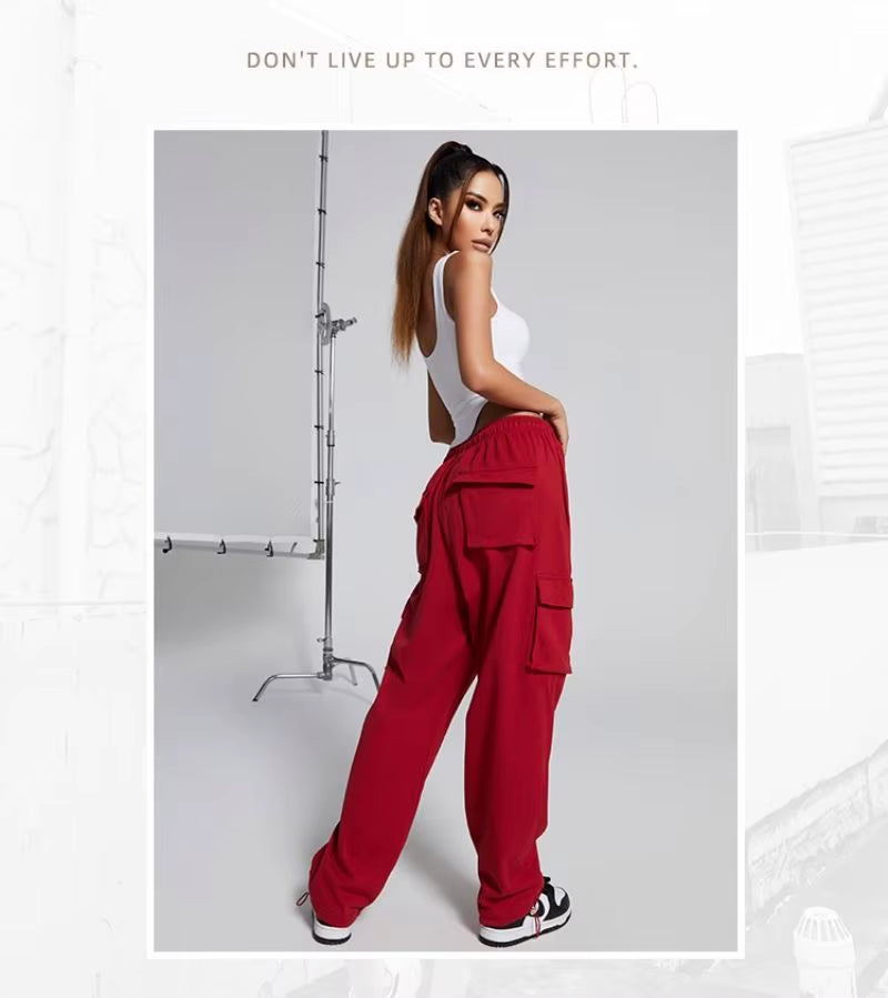 Women'S Cotton Drawstring Cargo Pants Girls' Comfortable Fitness Running Workout Dance Street Casual Wear Mid Harem Baggy Loose