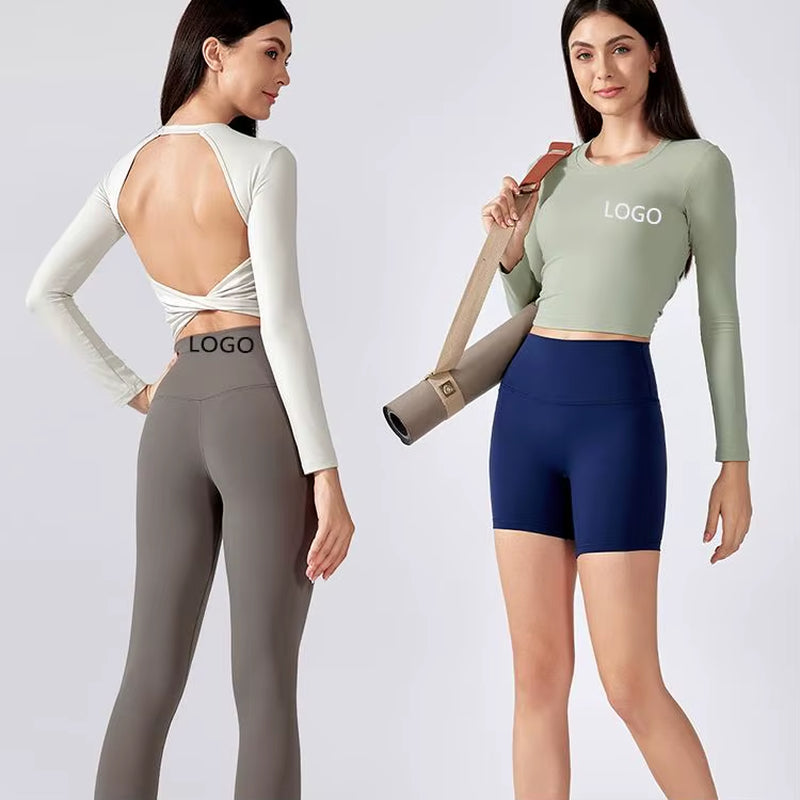 Women'S Breathable Regular Sport Bra Top Long Sleeves Running Short Backless Fitness T-Shirt with Seamless Chest Pads