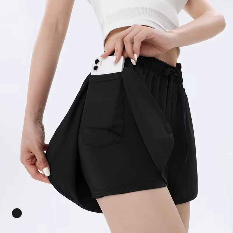 Women'S Double Layer Fitness Gym Shorts with Pocket Tight Sports Fabric Workout Pants Solid Pattern Yoga Shorts