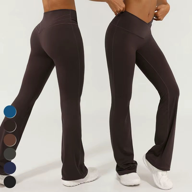 High Waist Gym Pants with Cross V Waistband No Front Seam Wide Leg Fitness Trousers Butt Lifting Yoga Leggings Solid Pattern